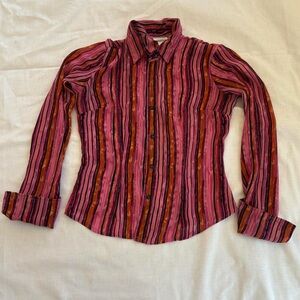 Vintage Wanted Clothing Company Pink & Black Striped Fitted Button Down Blouse